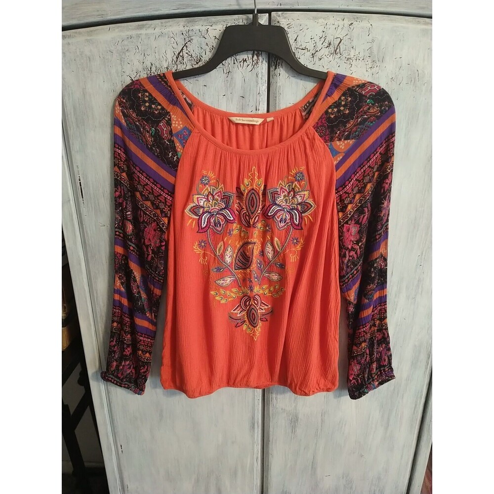 Soft Surroundings Embroiderd Md Long Sleeve Top Boho Cottage Core Feminine Artsy